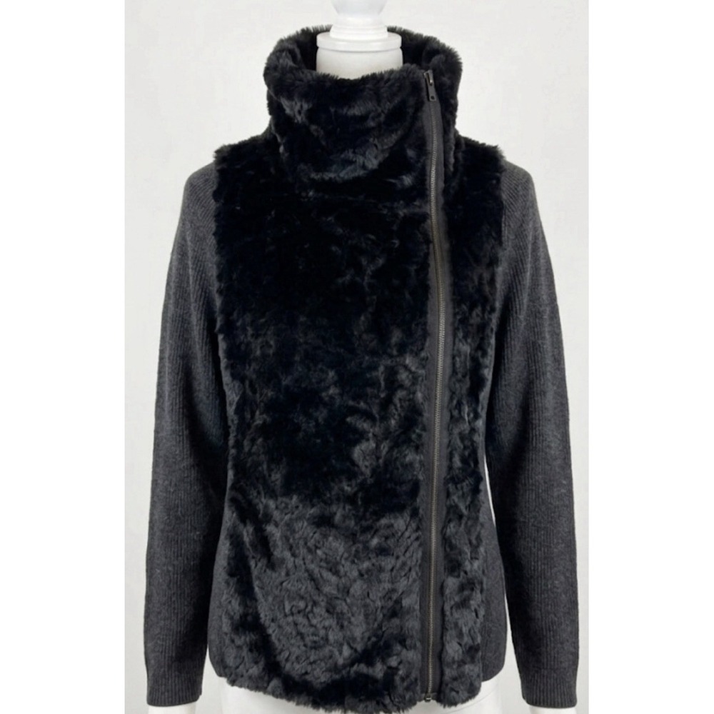 LOFT Black Faux Fur Knit Zip Cardigan Sweater Jacket XL Wool Blend Mob Wife